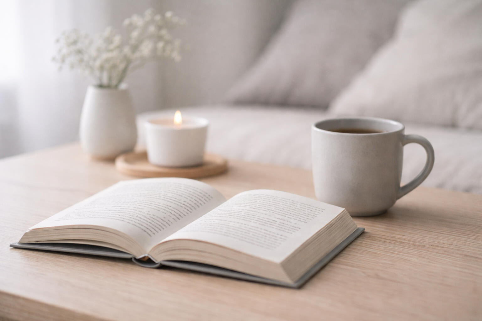 The Quiet Collection - Short Reflections for Slower Thinking Open book on a wooden table with coffee, candle and flowers in a softly lit living room