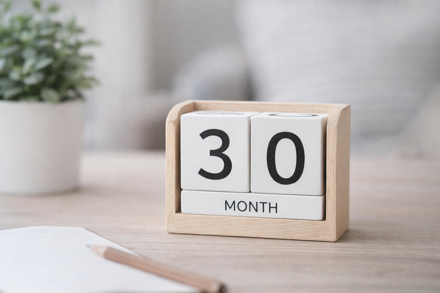 Minimal desk setup with a wooden calendar marking a 30 day commitment